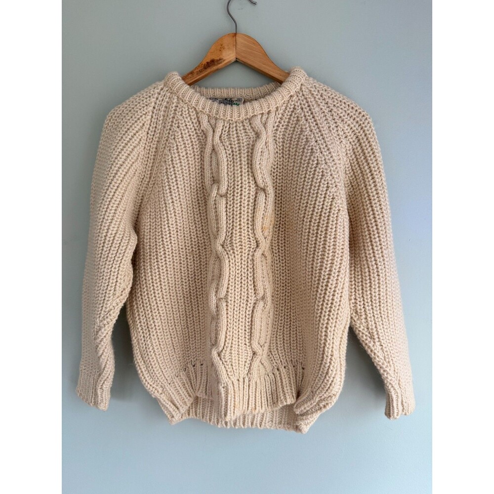 Vintage Malbay Irish Wool Fishermans Sweater Chunky Hand Knit Crew 36 *Flaw* Med